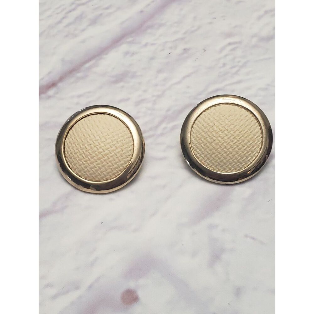 VINTAGE 1970s Large Pierced Earrings Linen-Look Gold & Cream